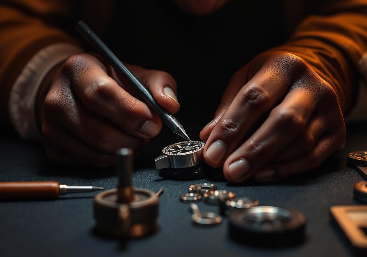Watchmaker working on a watch movement